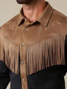 Manfinity Nomadique Men's Western Style Contrast Color Patchwork Fringe Embroidered Shirt Black And Khaki Shirt Men S Mens Embroidered Shirt Mens Western Tops Rodeo Shirt Men Men S Fringe Fringe Shirt - Multicolor - View 3
