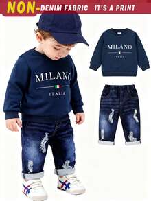 SHEIN 2件套婴儿男女通用套装，适合0-3岁婴幼儿，春秋季蓝色休闲圆领长袖卫衣上衣搭配白色字母印花仿牛仔裤，舒适贴身，适合户外、休闲、运动、派对等场合。