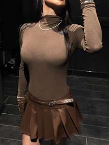 Carolina Barros 女式纯色带扣设计褶皱 PU 皮革短裙 - 咖啡棕 - 查看 6