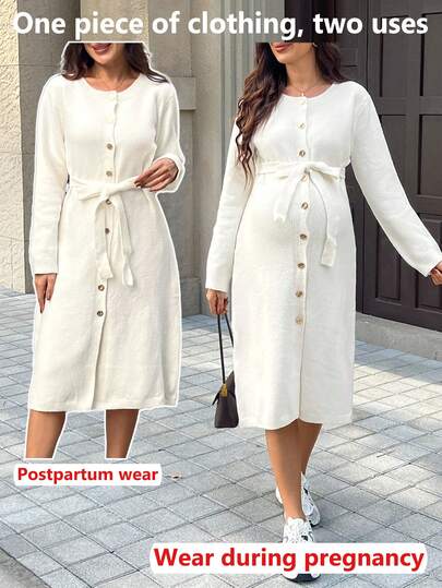 SHEIN Maternity Casual Solid Color Button Front Knit Dress, Autumn/Winter