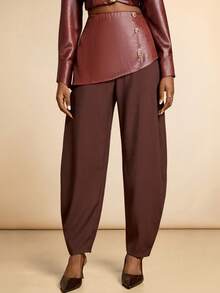 SHEIN Veneréa 仿皮纹理拼接设计金属装饰裤 - 棕色 - 查看 4