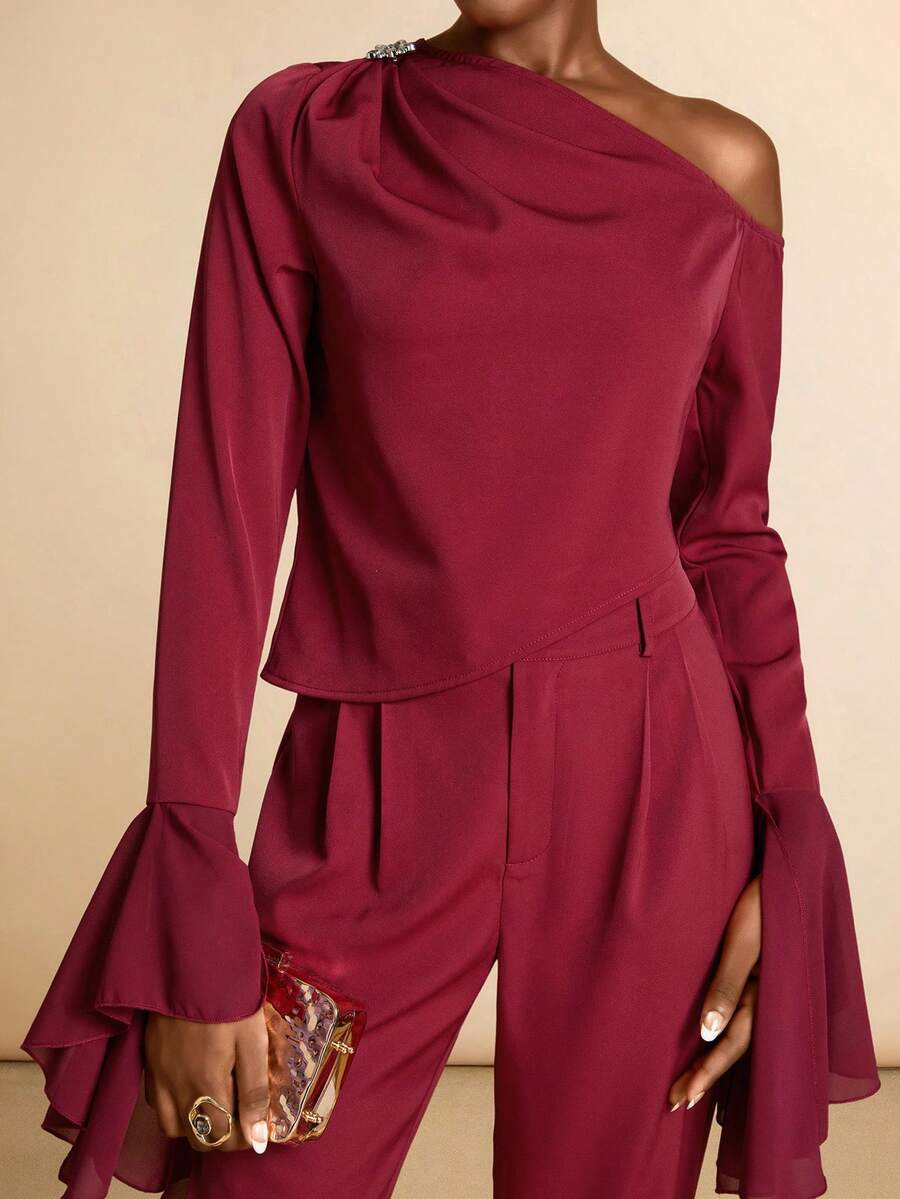Vesra Women's Oblique Shoulder Top With Ruched Shoulder, Metal Decor & Ruffle Hem Asymmetrical Sleeve; Straight Leg Pants Set - Red - View 1