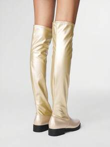 ROMWE Goth 女士方头低跟褶皱弹力靴，皮革鞋面，户外时尚过膝套穿靴，秋冬新品 - 金色 - 查看 5