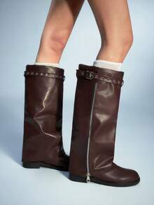 Sugerpunk Women's Fashion Commuter Adjustable Buckle Zipper Knee-High Boots For Christmas - Brown - View 5