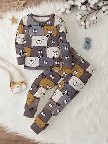 SHEIN 男童休闲简约修身圆领长袖睡衣套装，贴身舒适，经典可爱卡通熊印花，适合秋冬季穿着 - 彩色 - 查看 2