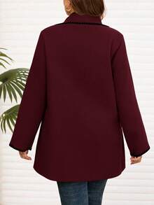 EMERY ROSE Plus Size Women's Elegant Autumn Formal Evening Office Overcoat,Burgundy Black Contrast Embroidered Lace Edge Long Sleeve Pockets Warm Jacket Coats - Burgundy - View 2