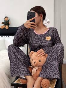 Dream Adore Leoparden-Muster süßer Bär Dekor Rundhals Langarm Pyjama Set - Verschiedenfarbig - Übersicht 3