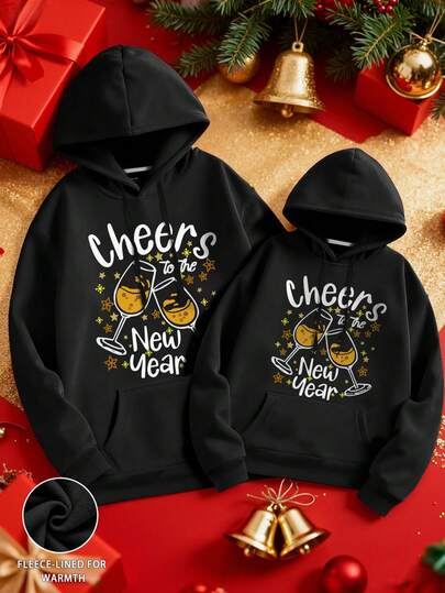 Manfinity Homme Champagne Toast Couples Hoodie, Cheers To The New Year Gold Print Pullover Sweatshirt, Star Wineglass Pattern Warm Top, New Year Party, Celebration Moment Couples Item, Men's Letter & Wine Glass Print Hooded Long Sleeve Pullover Sweatshirt, Thermal Lined