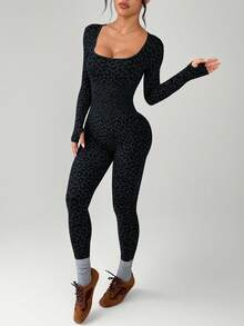 SHEIN Dewbera Women's Seamless Leopard Print Long Sleeve Jumpsuit - Multicolor - View 6