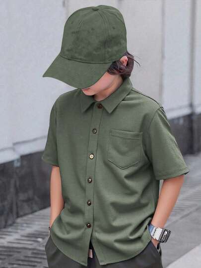 SHEIN Tween Boy Summer Casual Daily Commute Simple Solid Color Patchwork Pocket Short Sleeve Shirt