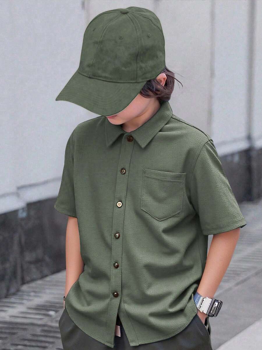 男童夏季休闲日常通勤简约纯色拼接口袋短袖衬衫 - 綠色 - 查看 1