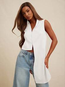 NYA SZN Parte superior sin mangas con detalle de drapeado, fluida, modesta, de negocios, casual, básica, plisada, elegante, apropiada para la iglesia, linda, básica, de dinero antiguo, elegante, para otoño e invierno, adecuada para ir al trabajo para mujeres - Blanco - Ver 3