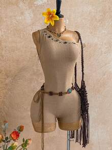 Soleia Holiday Women's New Metallic Texture Asymmetric Shoulder Jumpsuit, Minimalist Design For Summer - Khaki - View 3