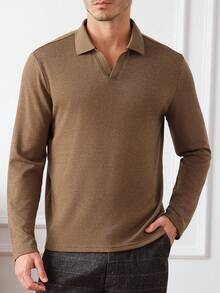 Core Aspect Chemise polo à manches longues col V unie marron café coupe régulière pour hommes, style "Old Money", style décontracté et simple. Chemise polo à manches longues pour hommes en automne, en tricot crocheté, de couleur unie, chemise polo en tricot, chemise polo décontracté, chemise polo col V, convient pour les sorties quotidiennes, les rassemblements entre amis, les week-ends décontractés, un excellent cadeau pour le petit ami ou le mari. Chemise polo en tricot marron best-seller sur INS pour hommes. - Marron - Voir 1
