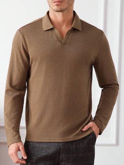 Core Aspect Men's Regular Fit Coffee Brown Long Sleeve V Neck Plain Business Polo Shir,Old Money Style,Casual And Simple Style,Men's Autumn Long Sleeve Polo Shirt, Knitted Crochet Fabric, Solid Color Polo Shirt, Knitwear Polo Shirt, Casual Polo Shirt, V-Neck Polo Shirt, Suitable For Daily Outings, Gathering With Friends, Casual Weekends, Great Gift For Boyfriend Or Husband, Best-Selling Polo Shirt On INS Brown Knit Polo Shirt Mens Mens Knit Shirt
