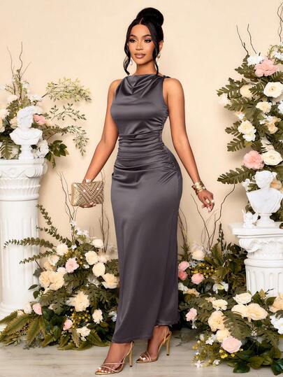 SOLERSUN Women's Elegant Solid Color Drape Neck Ruched Sleeveless Party Dress,Perfect For Banquets