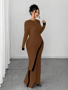 Elenzga Plus Size Women Casual Contrast Binding Asymmetrical Hem Ribbed Knit Sweater And Flare Pants Set, Autumn/Winter - Chocolate Brown - View 6