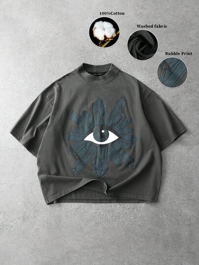 PAVTROS 男士复古时尚短袖T恤，做旧水洗面料，纯棉材质，眼睛图案设计，简约酷炫风格，街头风，运动风，艺术风，男女皆宜，情侣款，嘻哈风，送给男友的礼物