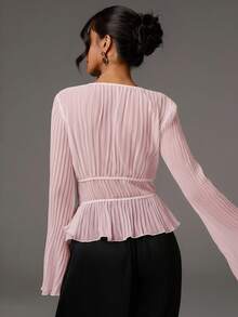 Athîral 女士优雅通勤纯色喇叭袖上衣 - 淺粉色 - 查看 2