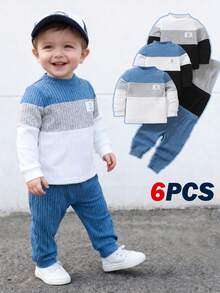 SHEIN Playful Pals 6pcs/Set Toddler Kids' Autumn/Winter Knitted Textured Ribbed Fleece Stand Collar Long Sleeve T-Shirt And Solid Color Ribbed Fleece Casual Sweatpants Set, Suitable For Various Occasions Baby Casual Sets Baby Boy Track Suit Baby Set Autumn Winter Season Baby Boys Outfit Baby Boy Sweater Set - Multicolor - View 3