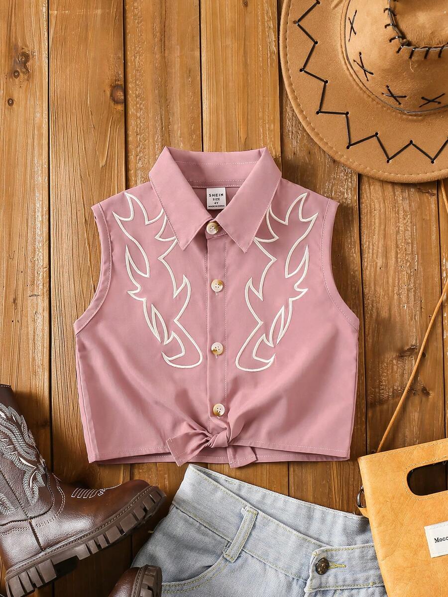 SHEIN 年轻女孩春夏 2025 新款西部图腾刺绣扭结酒红色衬衫，适合日常活动、郊游和社交聚会 - 藕粉色 - 查看 1