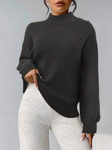 SHEIN Tall CURVE Plus Size Women's Solid Stand Collar Sweater, Minimalist & Casual, Suitable For Everyday Wear - Coffee Brown - View 6