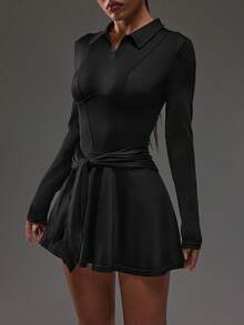 Dewbera Casual Versatile Pleated Slimming Shaping Buttoned Polo Collar Bodycon Dress Tennis Dress Long Sleeve Tennis Dress Athletic Romper Chic Autumn Dress Black Tennis Dress - Black - View 7