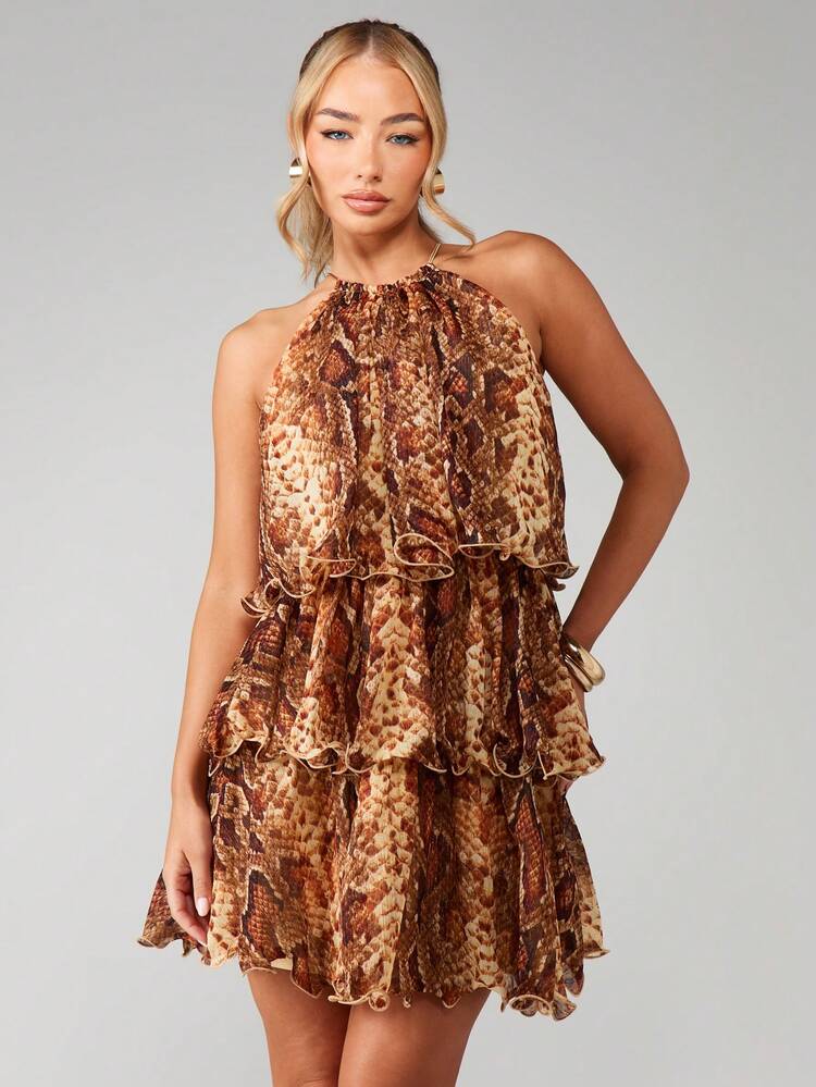 MISSGUIDED Halter Neck Tiered Ruffle Snake Print Chiffon Mini Dress With Chain Detail Fall Winter Party