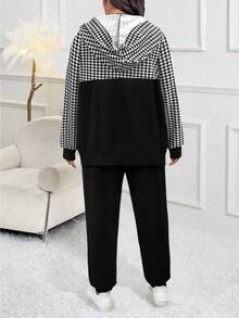 Elenzga Bộ áo khoác dài tay có mũ in họa tiết tương phản đen trắng cỡ lớn dành cho nữ và quần dài thường ngày phù hợp, khóa kéo kim loại chất liệu AB, họa tiết răng sói chắp vá, thích hợp mặc thường ngày và đi làm - Đen và trắng - Xem 2