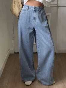 DAZY Jeans de pierna recta con botón suelto y dobladillo de unicolor - Lavado ligero - Ver 4