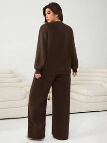 Solflare 2 件大码休闲骑士图案 V 领长袖运动衫和裤子套装，秋季 - 巧克力棕 - 查看 2