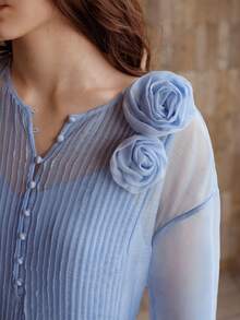 MOTF PREMIUM WOMEN'S ELEGANT FLOWY LONG MULBERRY SILK DRESS, SUMMER - Blue - View 3