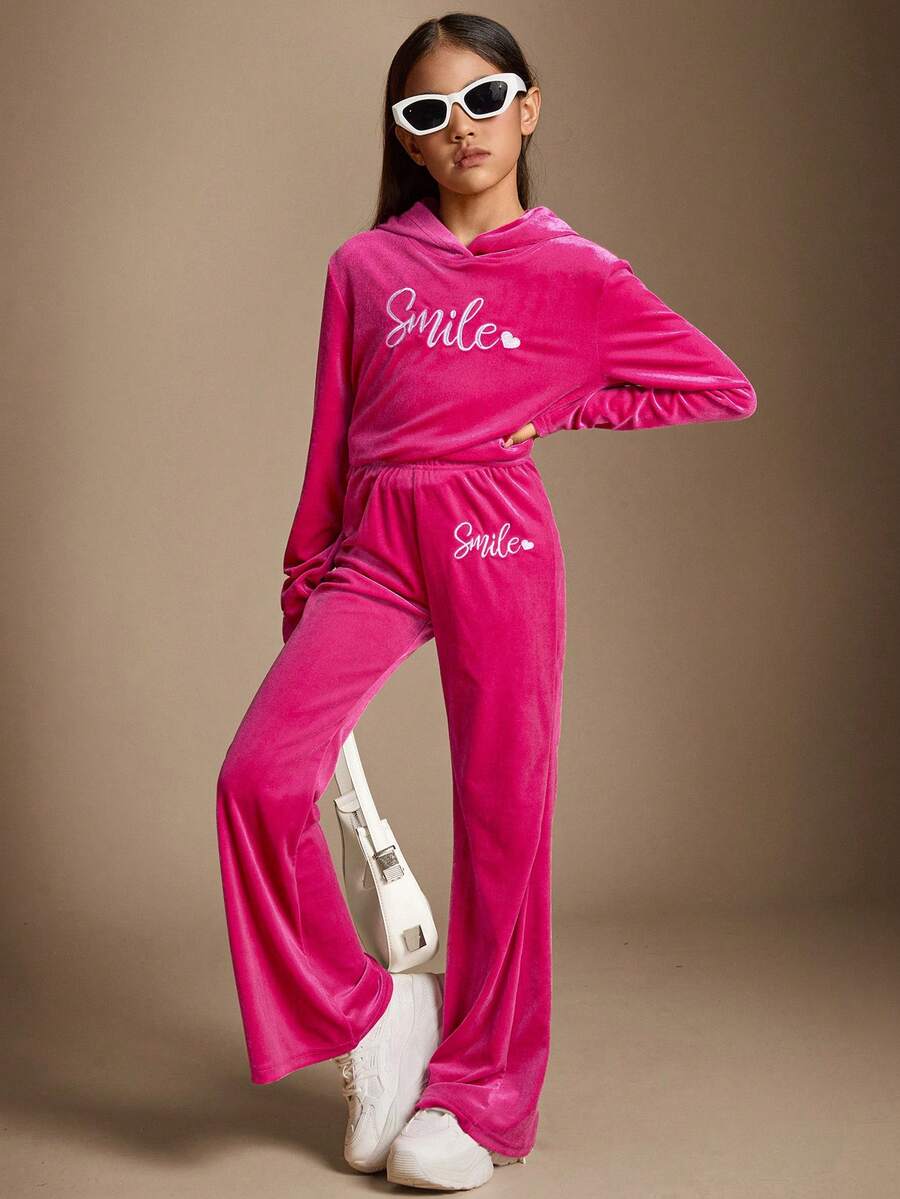 Radiana 2pcs/Set Tween Girls Loose Casual Simple Soft Hoodie Top With Letter Embroidery And Pants Outfit - Hot Pink - View 1