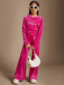Radiana 2pcs/Set Tween Girls Loose Casual Simple Soft Hoodie Top With Letter Embroidery And Pants Outfit - Hot Pink - View 3