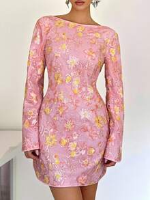 Chiquease Women's Pink Floral Sequin Boat Neck Bell Flare Sleeve Backless Elegant Fashion Mini Dress,Autumn Orchid Embroidered Floral Tea Party 60s Dress - Pink - View 4