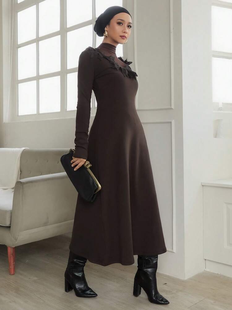 Solid Color Contrast Lace A-Line Dress, Long Sleeve Deep V Elegant Evening Gown For Women, Autumn/Winter Maxi Dress