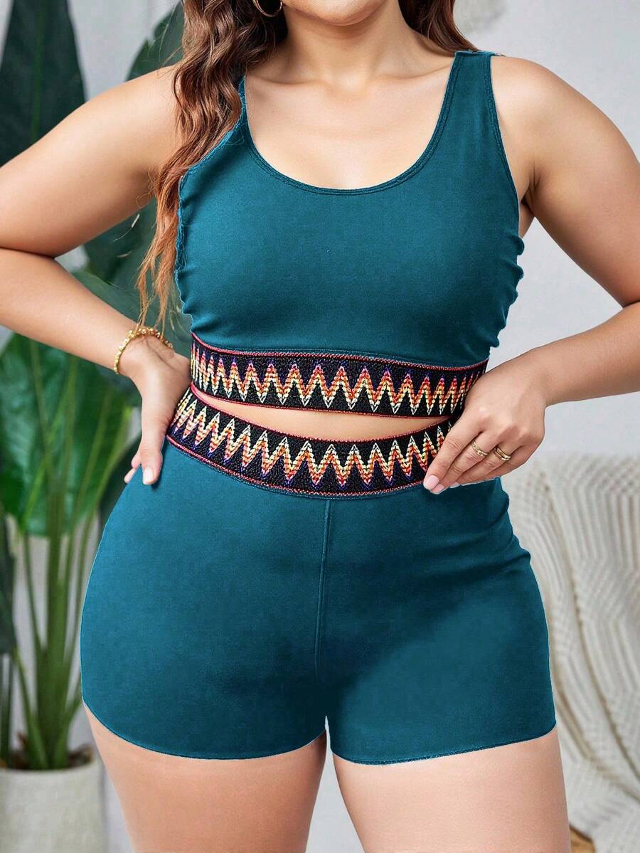 Swim Lushoire 大码女士纯色圆领抹胸上衣和高腰短裤泳衣套装，性感优雅休闲，适合日常、海滩、度假穿着 - 水鴨藍 - 查看 1