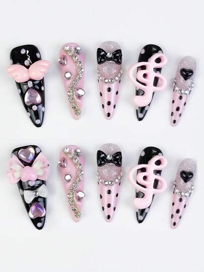 Anime 10pcs Y2K Cute Heart, Star, Bow, Wing Nail Art Stickers With Tape