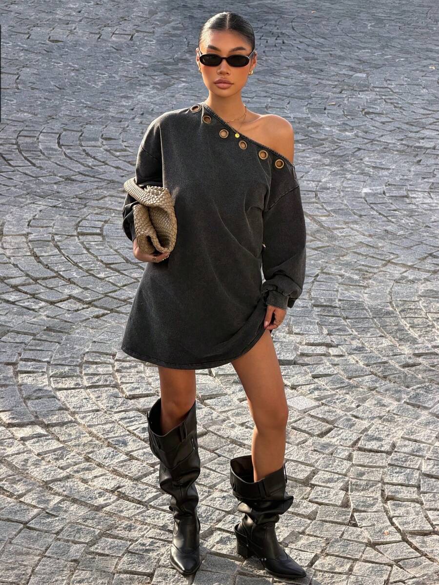 Muchica 女士新款复古做旧宽松斜肩镂空设计长袖迷你连衣裙 - 黑色 - 查看 1