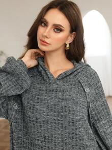 Mulvari Women's Long Sleeve Button Decorated Knit Fabric Flared Hem Arabic Style Dress, Autumn/Winter - Dark Grey - View 8