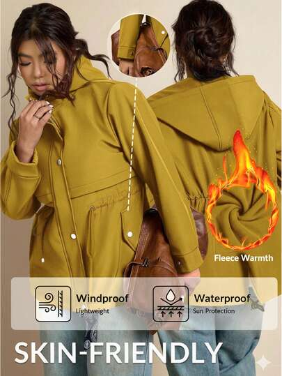 Freevana Jaqueta plus size verde militar com cordão na cintura, bolsos e capuz com bolsos, roupas de inverno