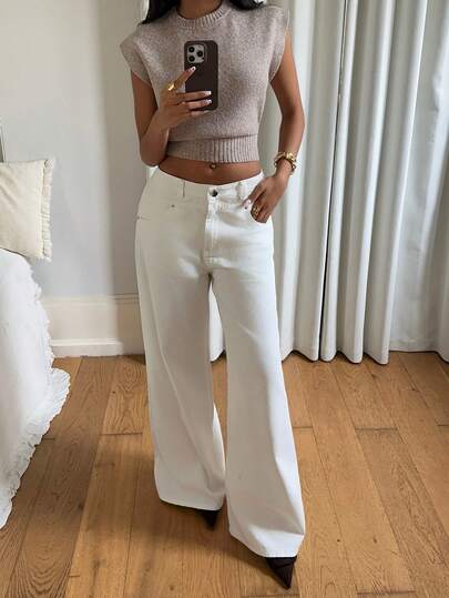 K-Vae 女秋冬日常通勤白色牛仔裤蝴蝶结烫钻装饰新年装