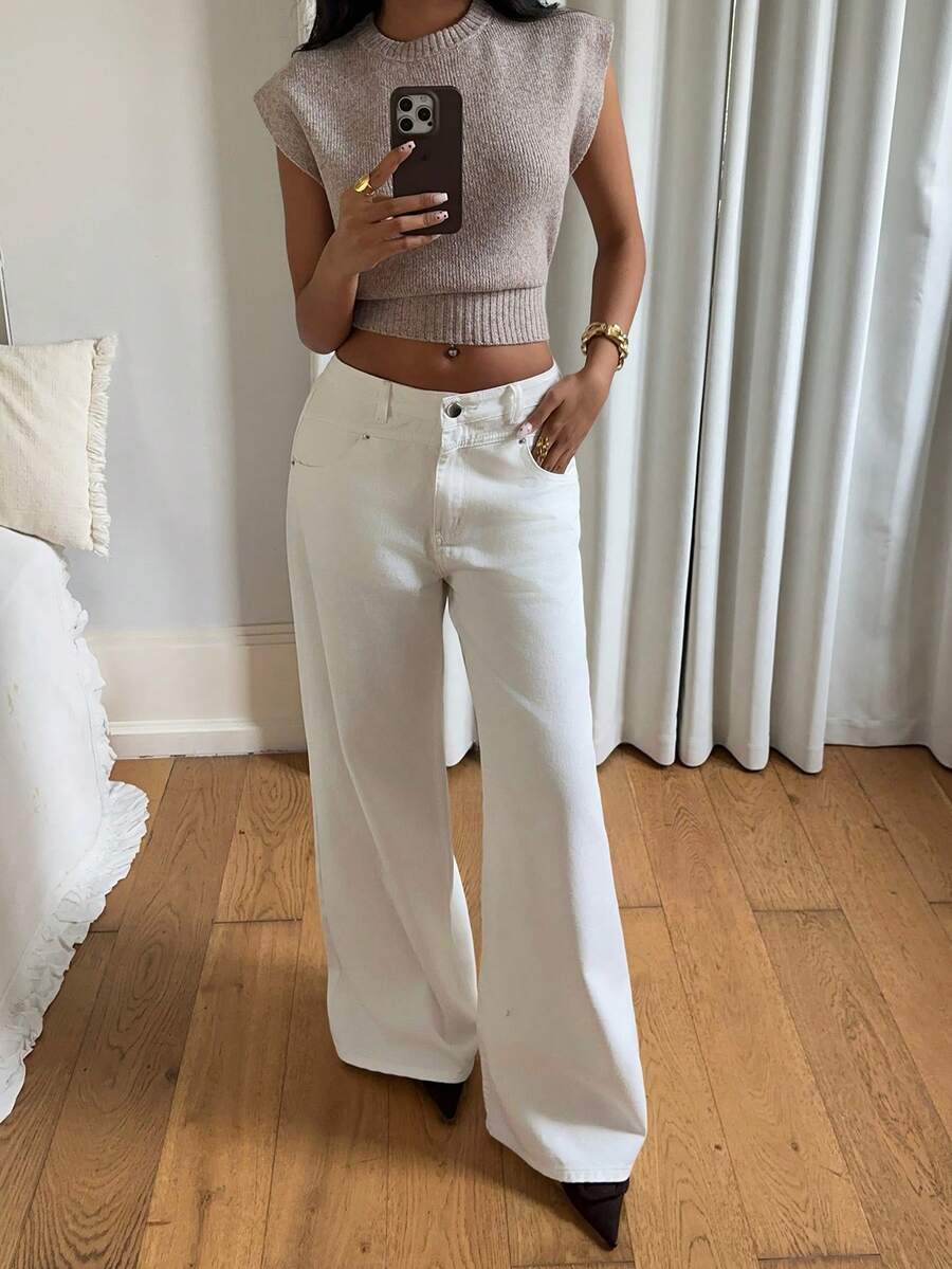 K-Vae 女秋冬日常通勤白色牛仔裤蝴蝶结烫钻装饰新年装 - 深色水洗藍 - 查看 1