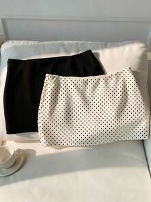 Comfortcana 2pcs Plus Size Women Casual Solid Color & Polka Dot Print A-Line Skirt Set, Solid Color Skirt + Polka Dot Skirt With Leggings Two Piece Skirt Matching Set Skirt Black And White Skirt - Black and White - View 10