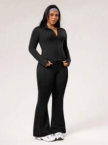 Rhythm Era Plus Size Women Solid Color Long Sleeve Zip-Up Jacket And Flare Pants Sports Suit Curve Athleisure Track Suit Plus Size Plus Active Wear Set