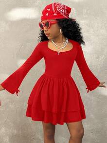 Coolane Kids 少女喇叭袖纯色多层蛋糕裙，黑色连衣裙裙 - 紅色 - 查看 4