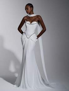 Elitara 优雅蕾丝拼接雪纺二合一心形领口美人鱼婚纱，带荷叶边拖尾 - 白色 - 查看 2