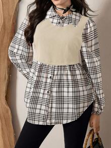 SHEIN LUNE Vêtements pour femmes grande taille, Top décontracté à manches longues à carreaux avec effet superposé, tenue décontractée pour femme, idéal pour les vacances - Beige - Voir 6