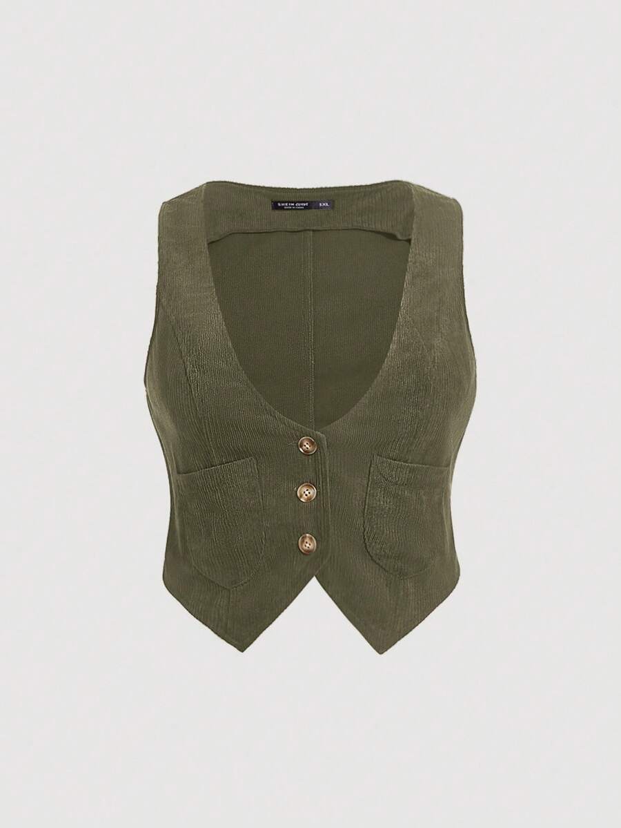 SHEIN MOD 大码休闲纯色背心外套 - 軍綠色 - 查看 1