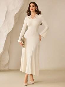 Modelyn Women's Ribbed Brushed Knit V-Neck Long Sleeve Elegant Lace Trim Waist Slimming Maxi Dress, High-Quality Graceful Style For Dates, Autumn/Winter - Apricot - View 6
